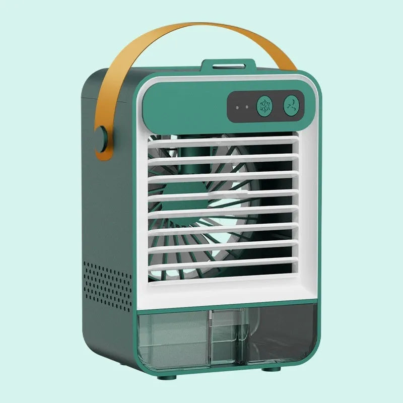 Dark green and ivory white compact USB desk fan with humidifier, showing 5 plastic blades.