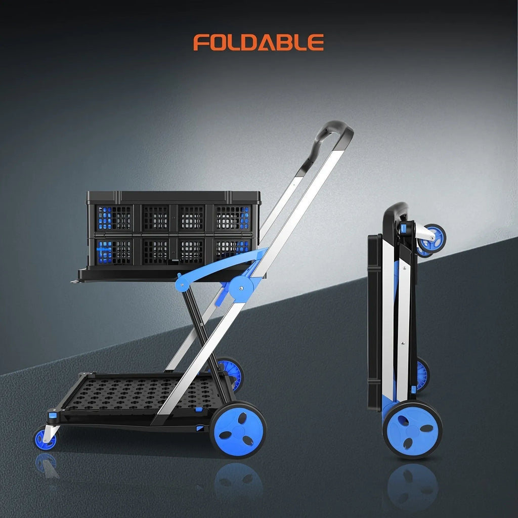 Foldable plastic shopping trolley with double-layer basket shown in blue, purple, pink, and red colour options.