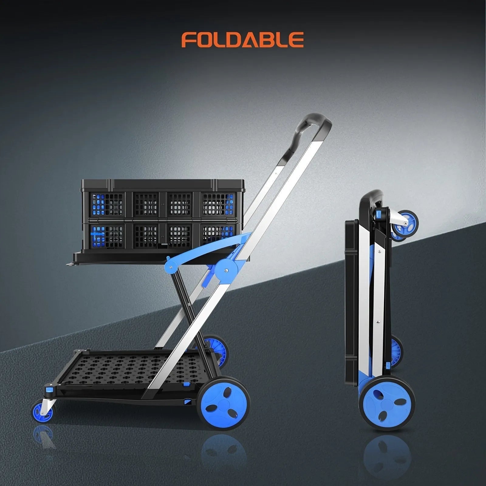 Foldable plastic shopping trolley with double-layer basket shown in blue, purple, pink, and red colour options.