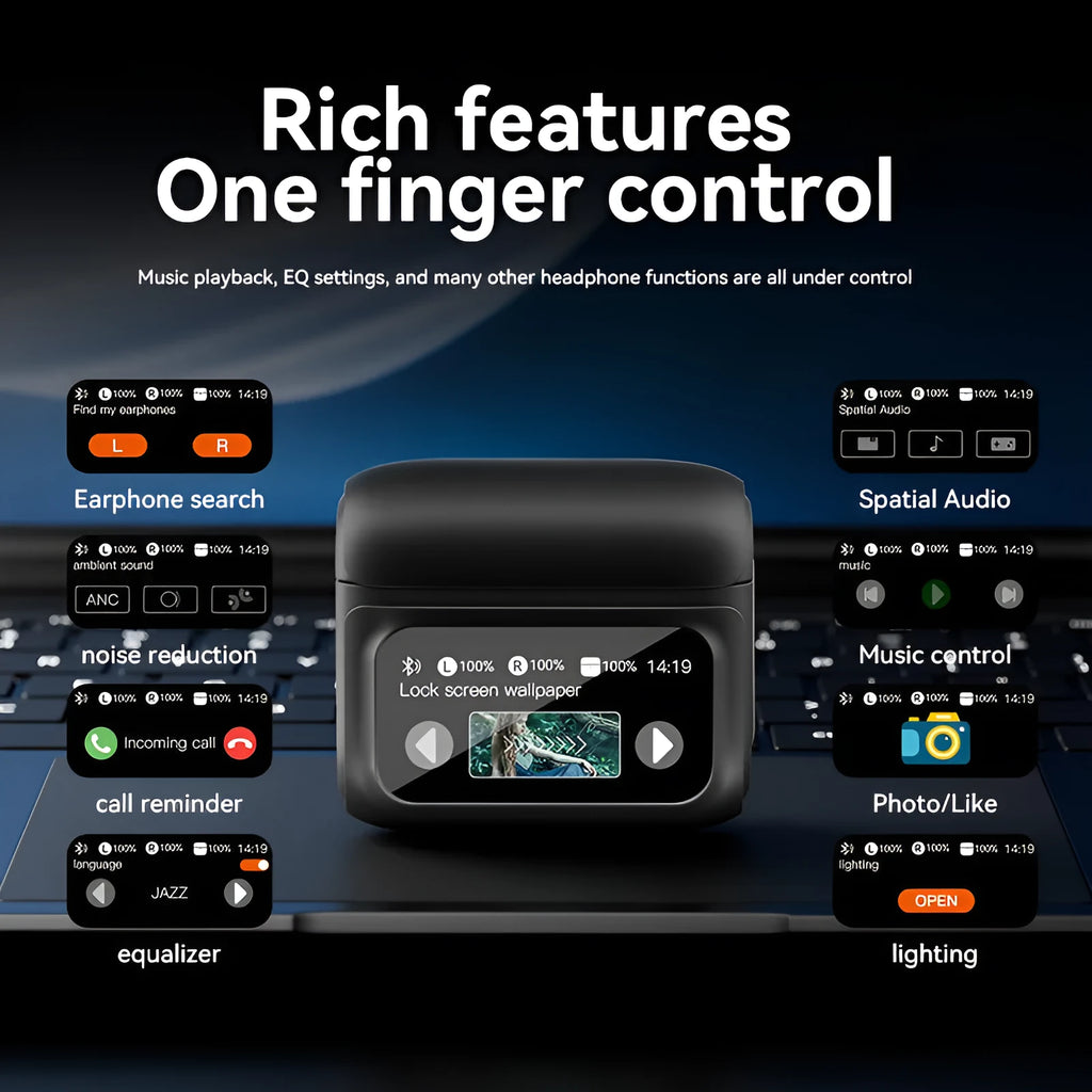 E20PRO touch screen Bluetooth headset with active noise reduction in black, digital display showing battery level