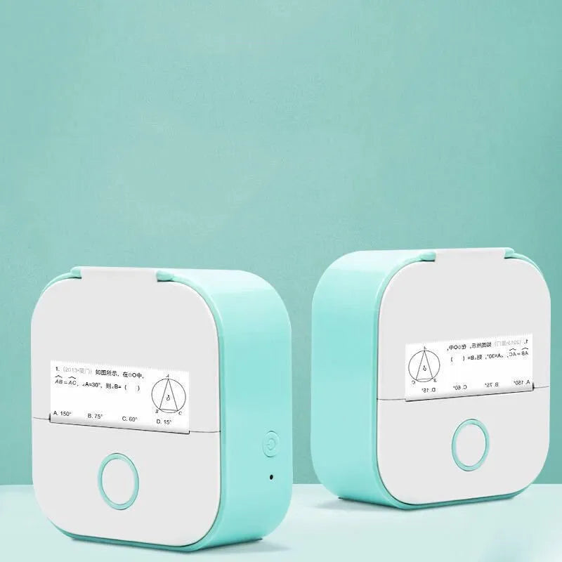 Phomemo T02 mini thermal label printer in white, showing front view with roll of sticky paper