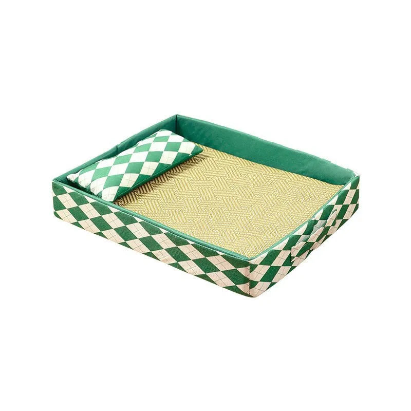 Blue woven rattan cat mat serving as a litter mat and summer bed for kittens and cats.