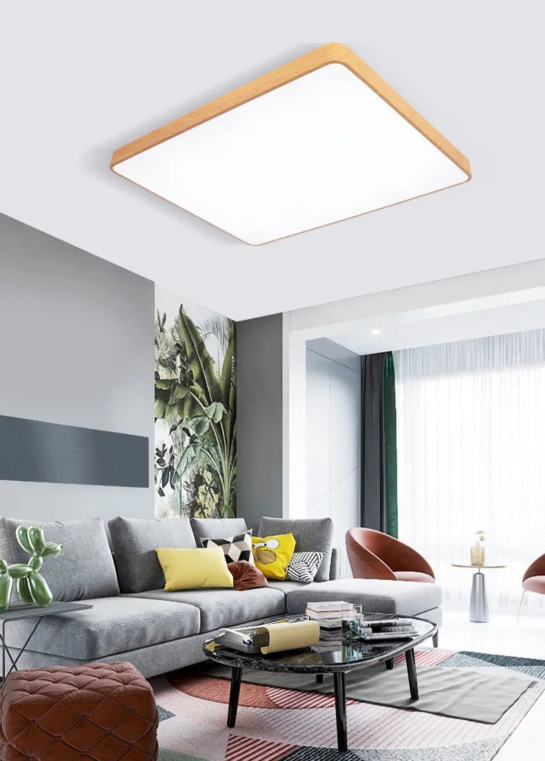 Nordic style square LED ceiling light with wood grain finish and iron frame, shown in a modern room setting.