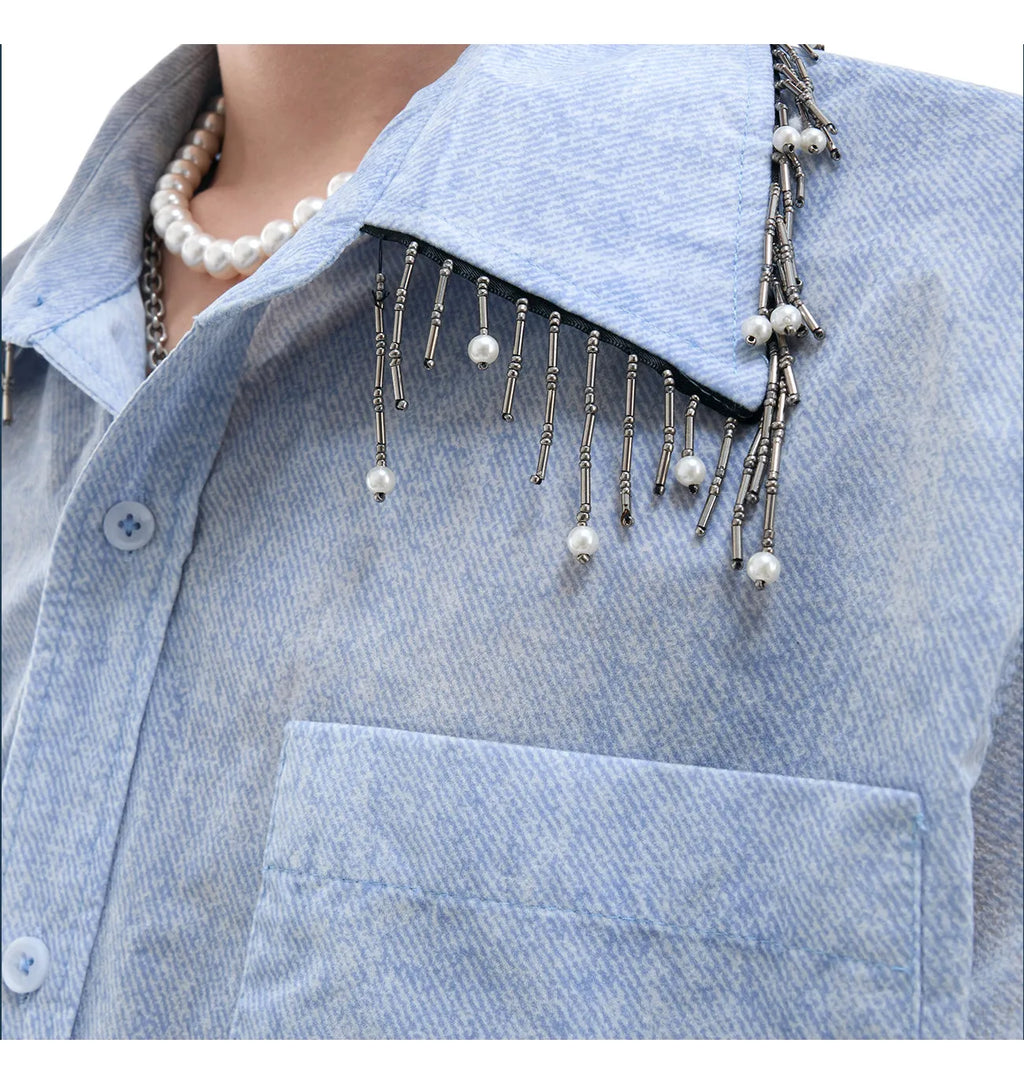 Men's blue and white gradient loose fit short sleeve shirt with quilted texture