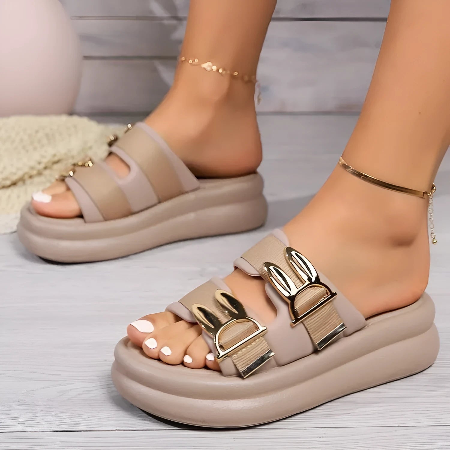 Women's suede slippers with thick rubber soles in apricot, black, and off white colours