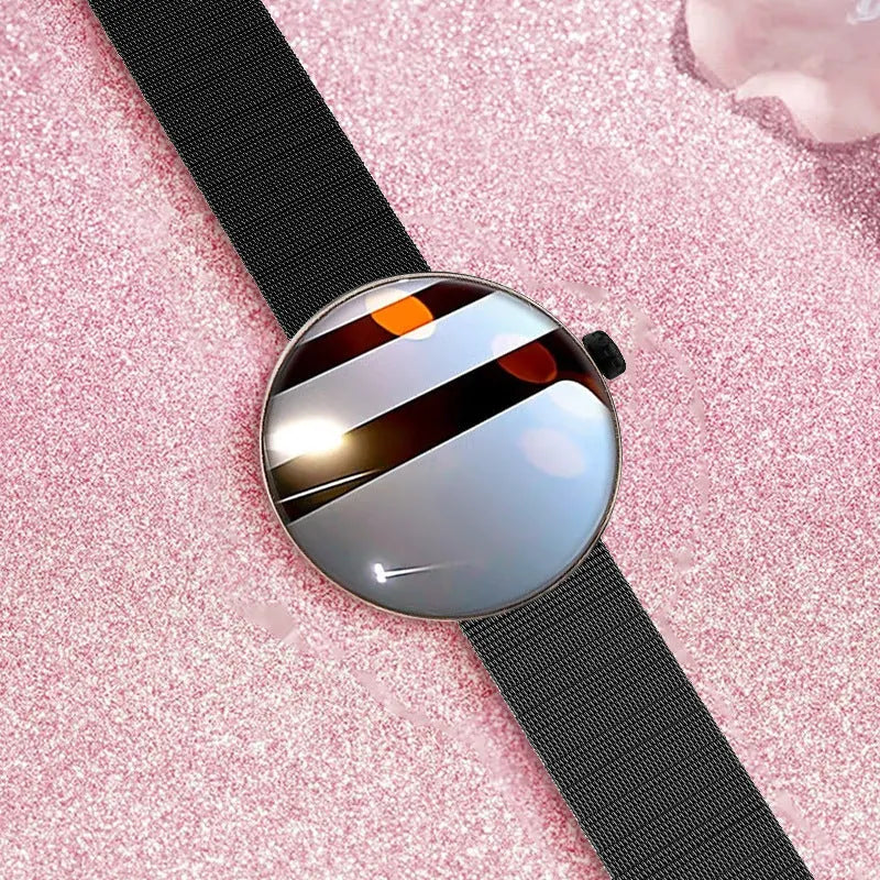 Women's circular smart watch with colour touch screen and metal strap in three colour options