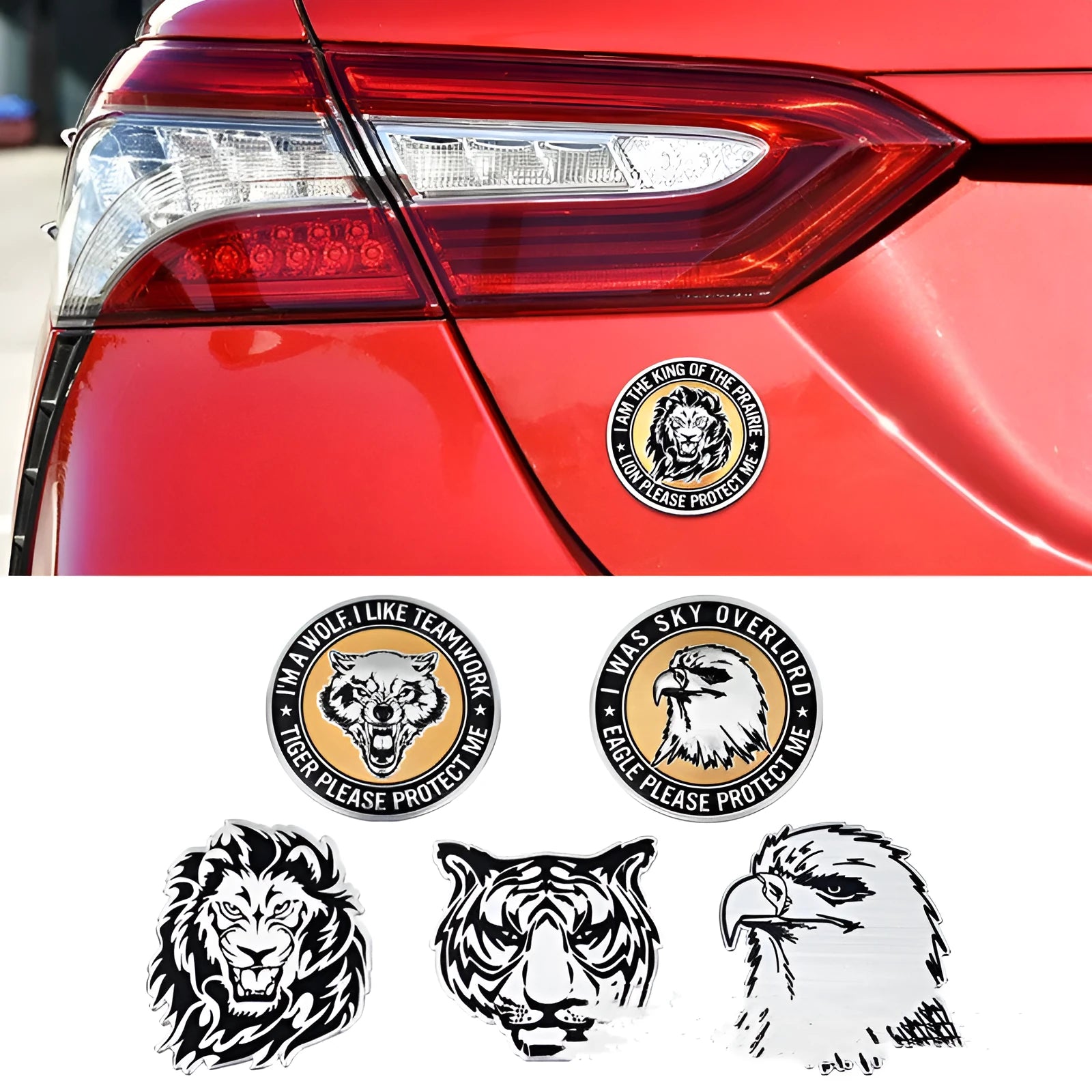 Aluminium metal car badge stickers featuring embossed lion, eagle, wolf head, and tiger designs.