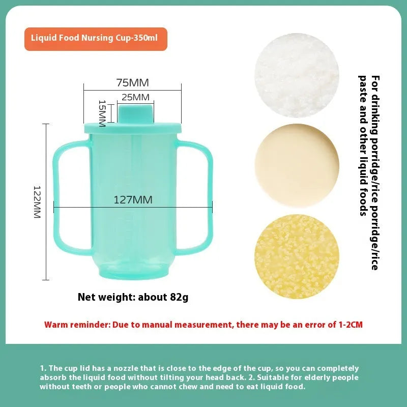 Oblique mouth choke-proof plastic drinking cup with handle and optional wrist splint for elderly adults.
