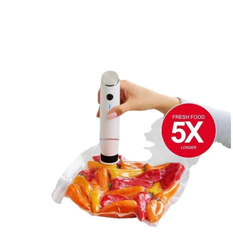White USB electric suction pump with five 26x28cm vacuum food storage bags for kitchen preservation
