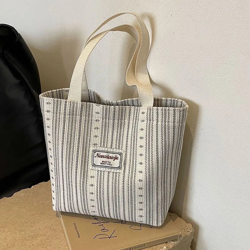 Japanese style corduroy handbag with large capacity in ivory white colour