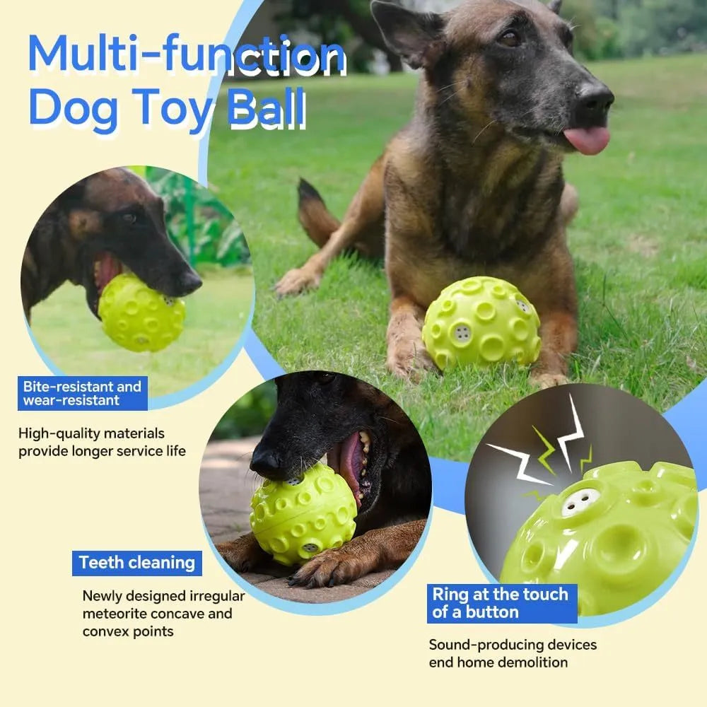 Durable natural rubber dog toy ball with meteorite-shaped bumps in multiple colour options
