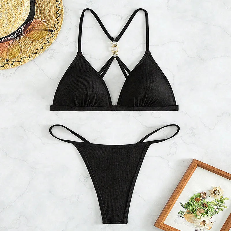 Black women's bikini set with hollow backless design and triangle top