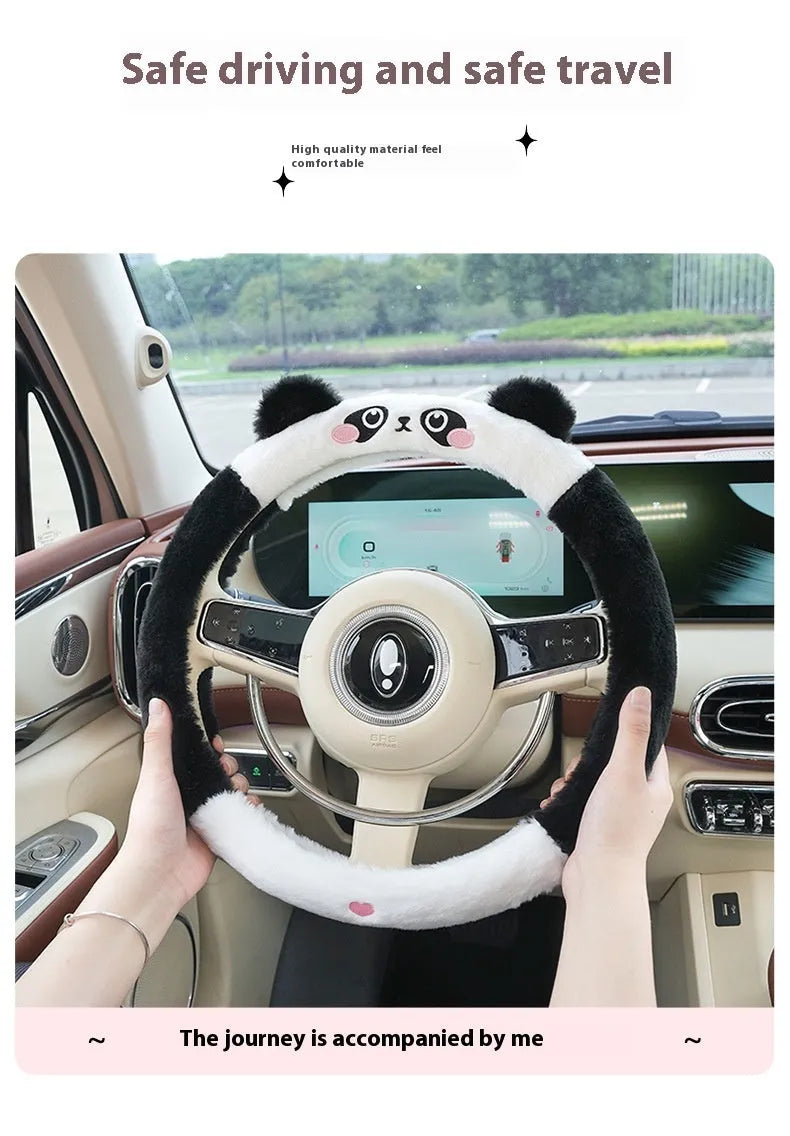 38cm plush steering wheel cover with cartoon embroidery designs including bear, bunny, cat and panda options