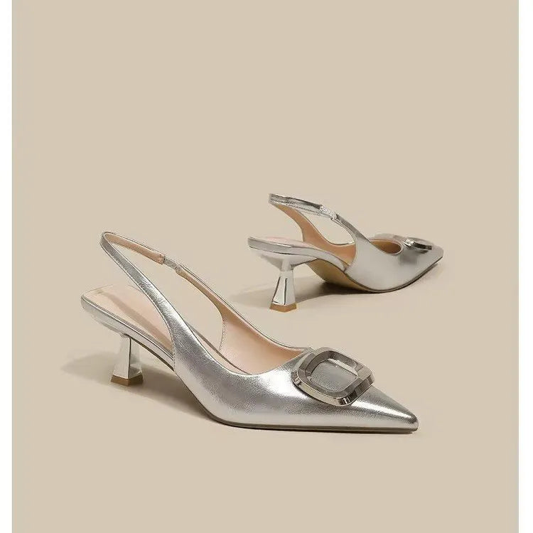 Pointed Toe Classy High Heels Women's French Square Buckle Dress Shoes Microfiber Rubber Commuting Work Heels Available in Black Cream White Silver Sizes 35-39
