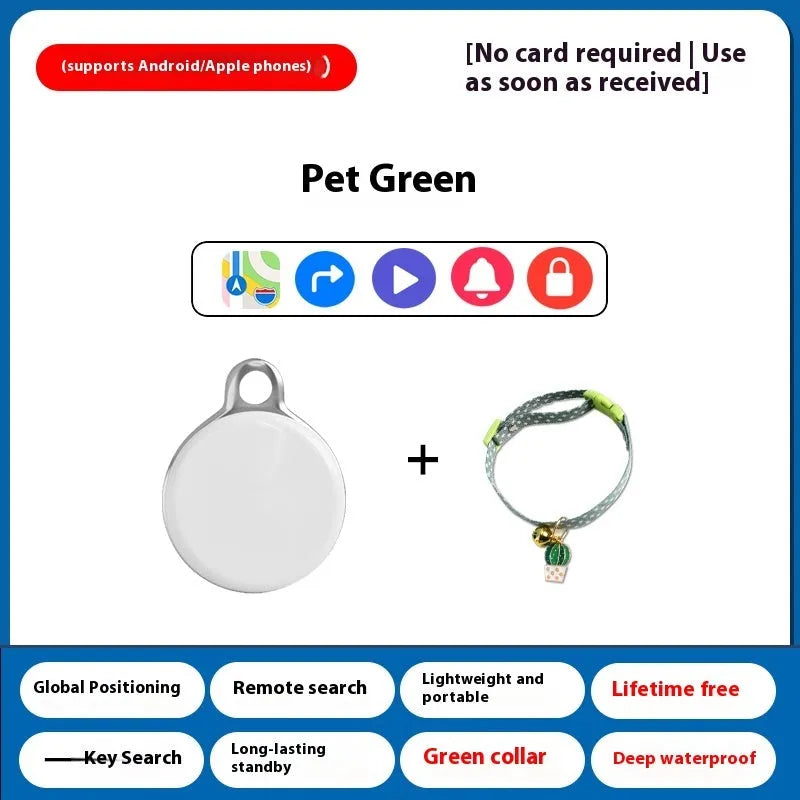 Pet GPS tracking device attached to dog collar with mobile app showing location