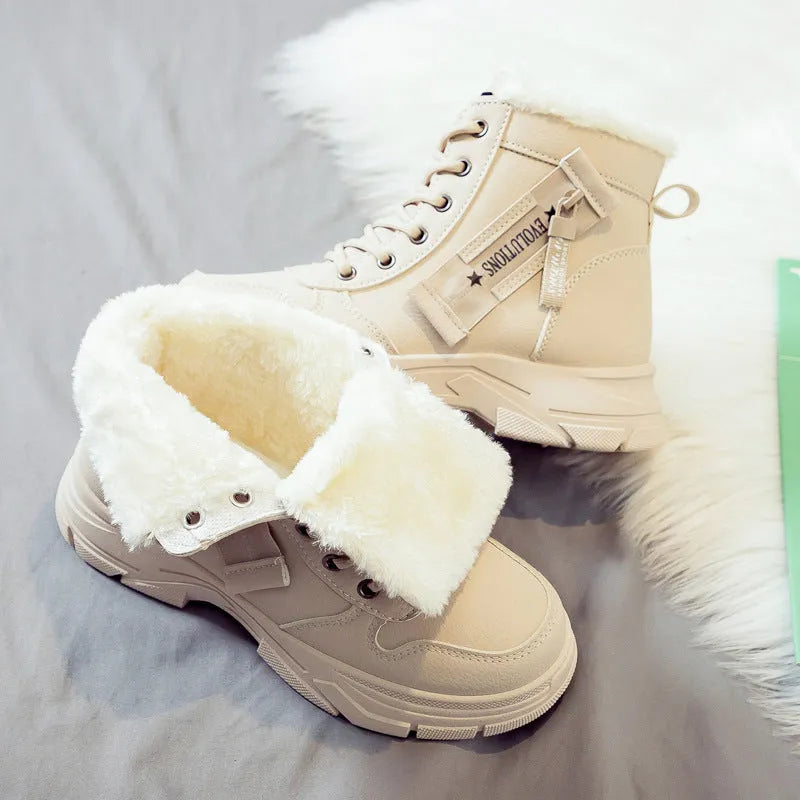 Plus size women's tall snow boots with fleece lining and rubber soles in black, khaki, or white.