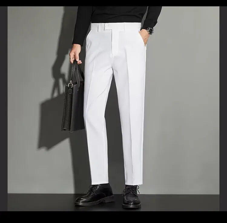 Men's straight-leg ankle-length suit trousers in chemical fibre blend available in multiple colours