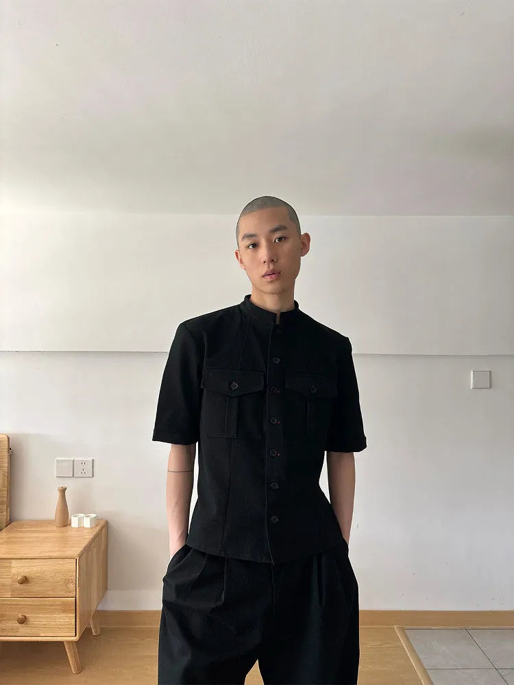 Black handmade hunting shirt with half sleeves and shirt collar, loose fit design for outdoor activities