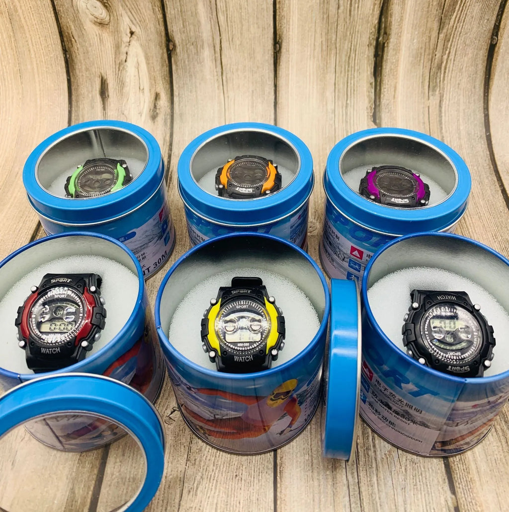 Children's digital sports watch with silicone strap, plastic case and mixed colour display.