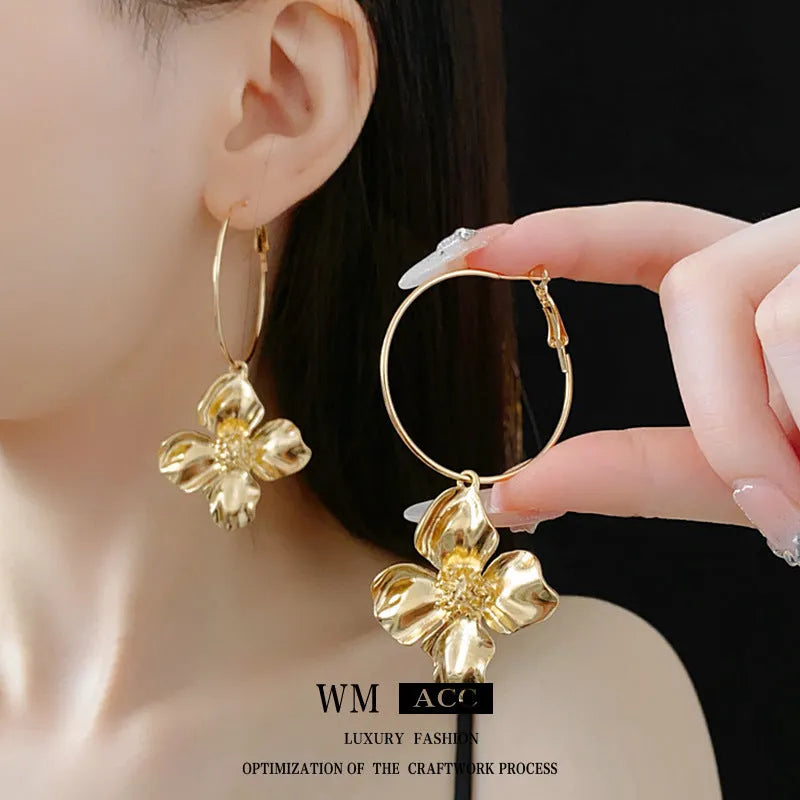 Metal flower geometric earrings with silver needle cold-processed style in gold or silver electroplated finish