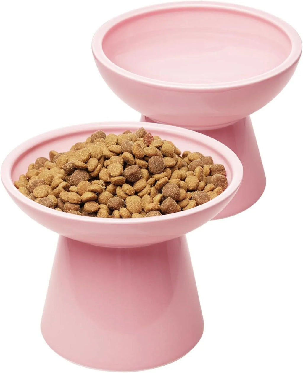 Blue elevated ceramic cat bowl with wide shallow dish on a white background.