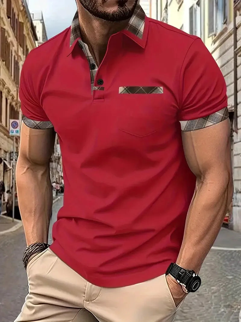 Men's plaid colourblock t-shirt with zipper decorations and short sleeves in loose fit