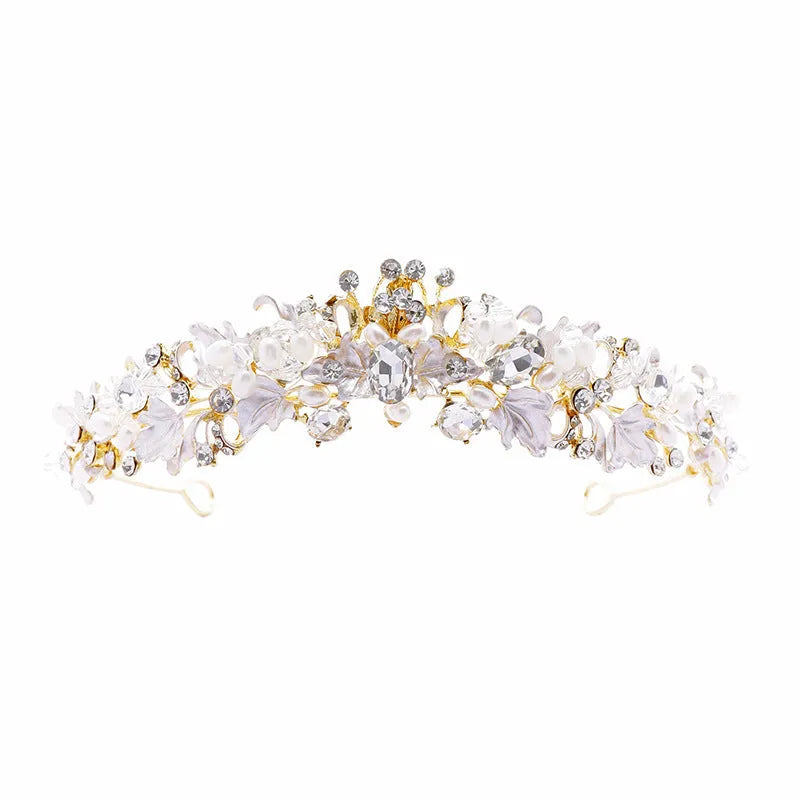 Pearl crown headdress for women with gold electroplated finish and alloy construction