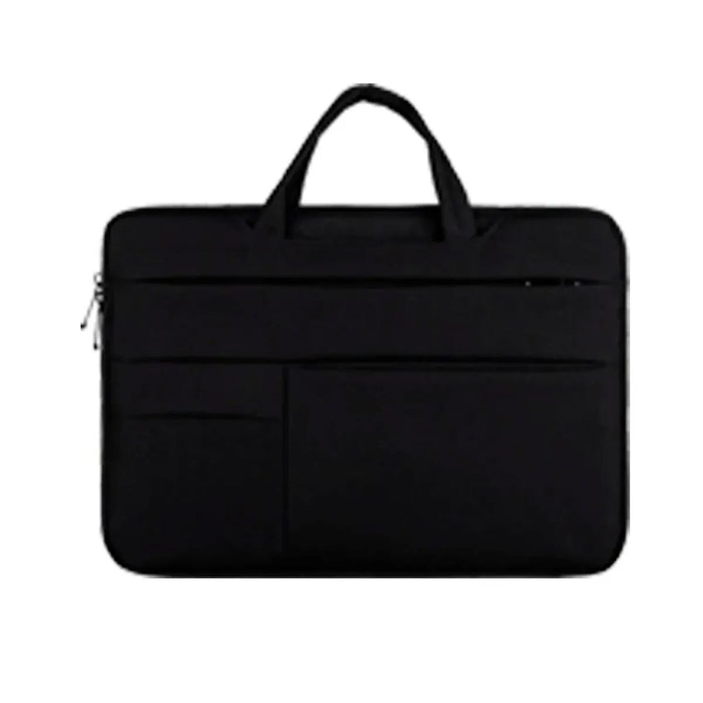 Water-repellent laptop carrying case in Black, with luggage strap and shoulder strap, for 13.3 to 15.6 inch laptops.