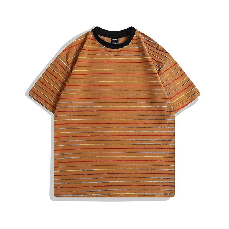 Colour striped loose fit cotton blend t-shirt with short sleeves and round neck collar in multiple colour options