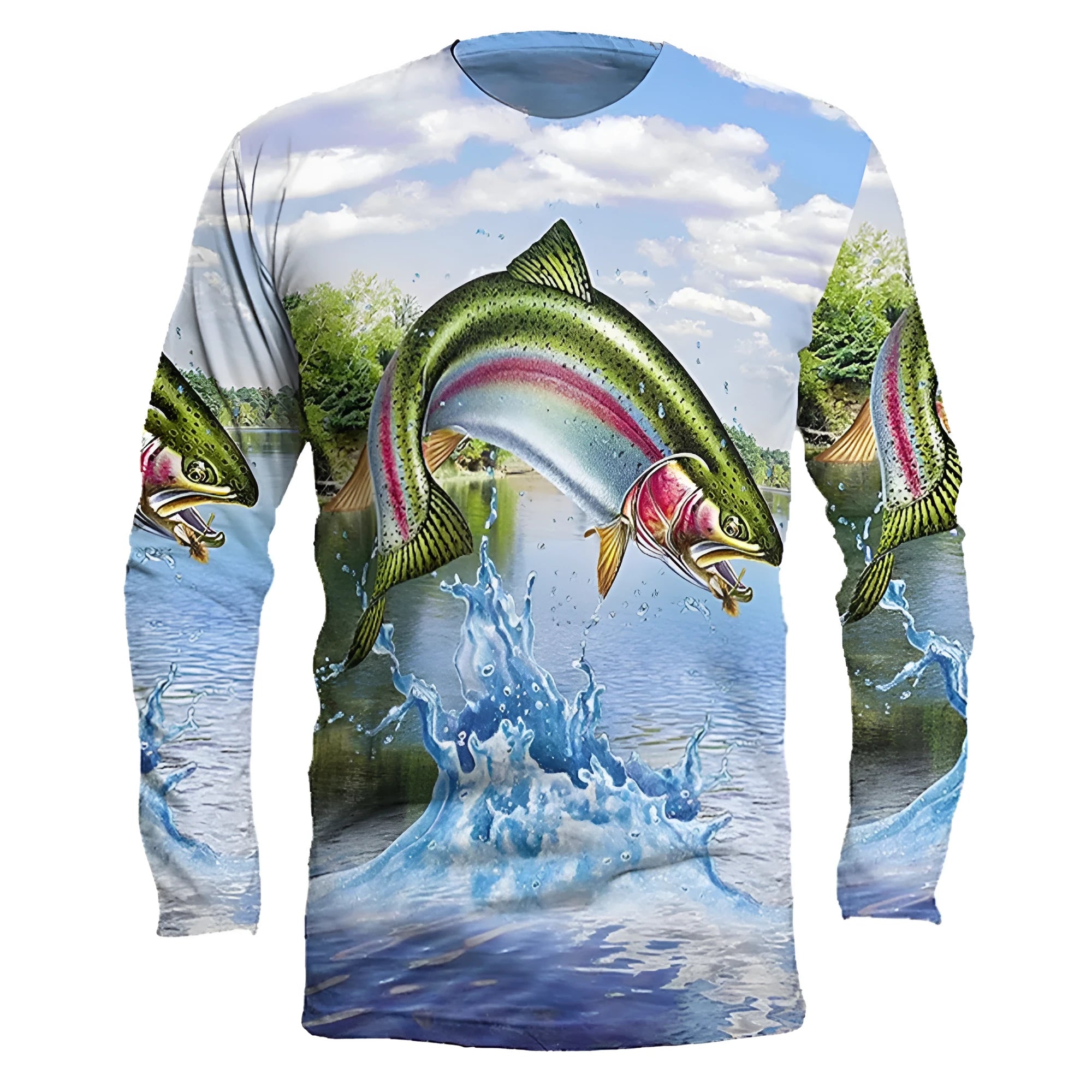 Men's grey pullover with a colourful fish pattern print on the front, showing round neck and long sleeves.