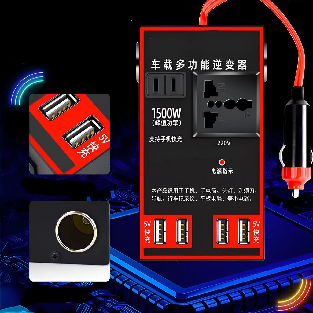 Black automotive power converter with UK socket and USB ports for vehicle charging