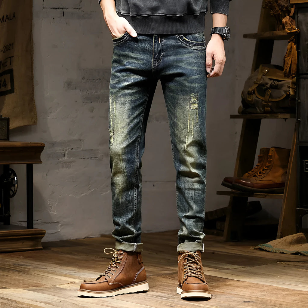 Men's skinny fit jeans in a retro colour with a zip fly, made from stretch cotton denim.