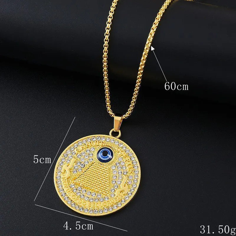 Gold geometric alloy pendant necklace with inlaid zircon detailing for women