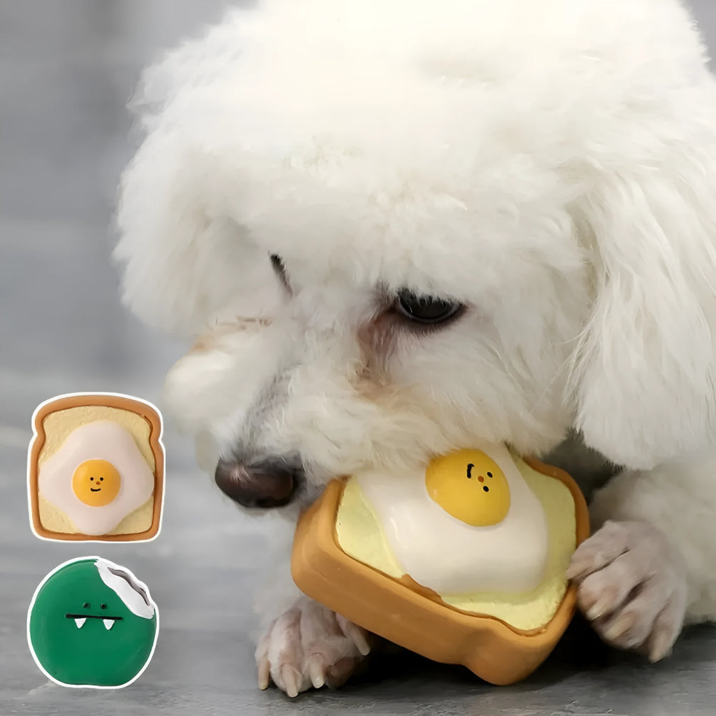 Yellow bread-shaped latex dog chew toy with cartoon pattern and squeaker for puppy training