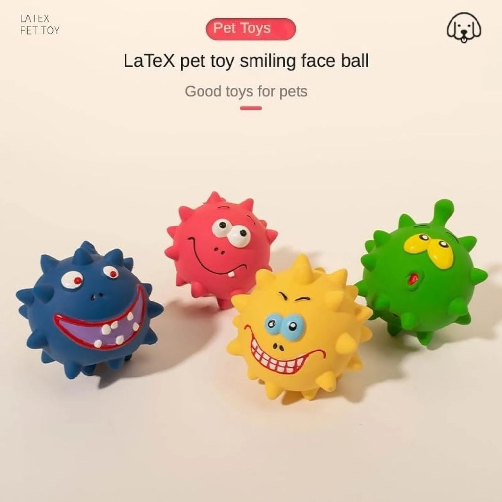 Four colourful squeaky dog toys with cute faces made from natural latex rubber
