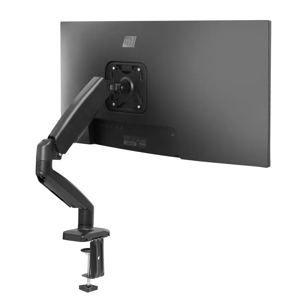 Black rotating telescopic LCD screen bracket on table with adjustable tilt and height