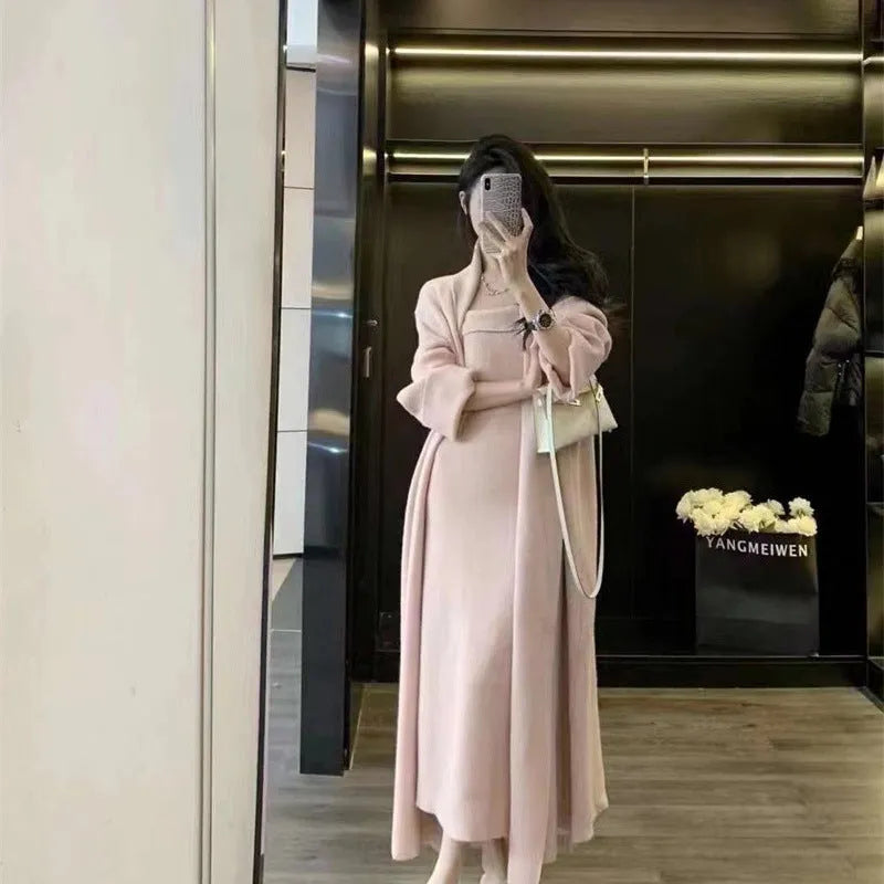 Women's gray knitted cardigan dress suit set with matching coat and flocking detail