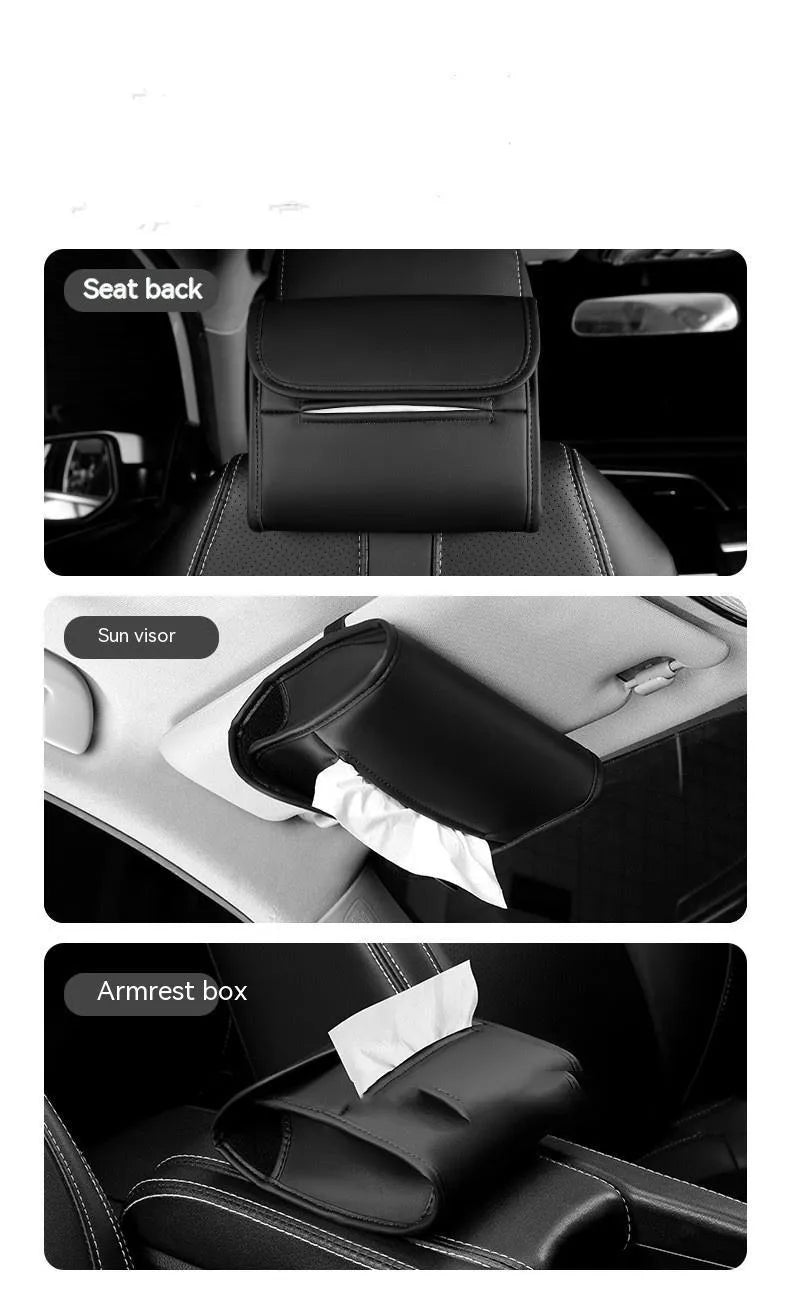Leather car tissue box holder mounted on vehicle sun visor with elastic band