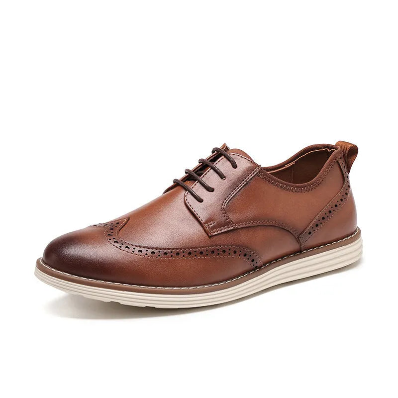 Men's black slip-on business casual shoes with round toe and decorative carving details