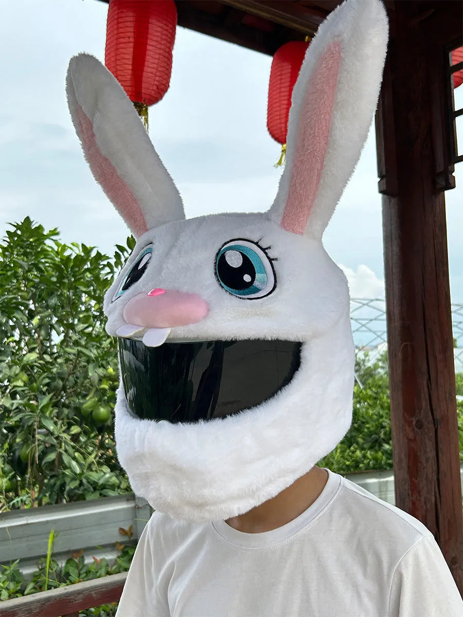 White rabbit head decorative cover for electric motorcycle helmet with plush interior