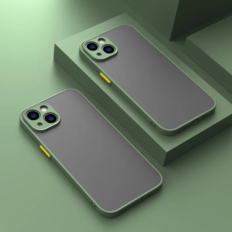 Frosted hard iPhone case with textured skin-sensing back and full camera lens protection in dark night green.