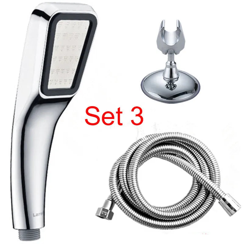 Orange hand-held rain shower set with pressurised function showing shower head and connection