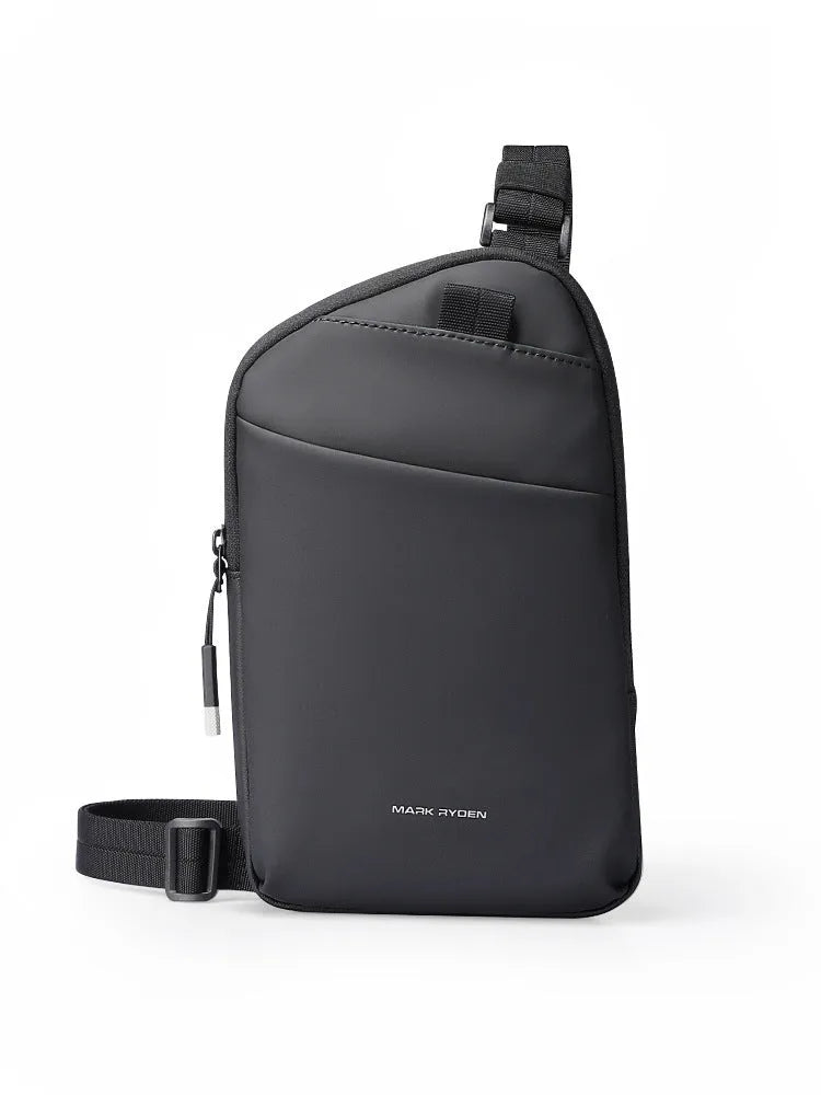 Men's black Oxford cloth crossbody bag with sewing thread detailing