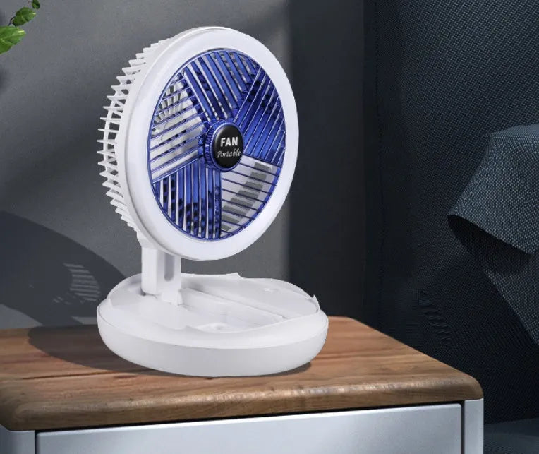 Blue or grey foldable USB desk fan with LED light showing wall mount and ceiling hanging options