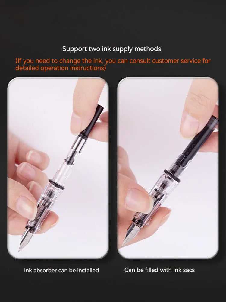 Student automatic suction pen set with ink feeder showing 0.38mm and 0.5mm pen head options