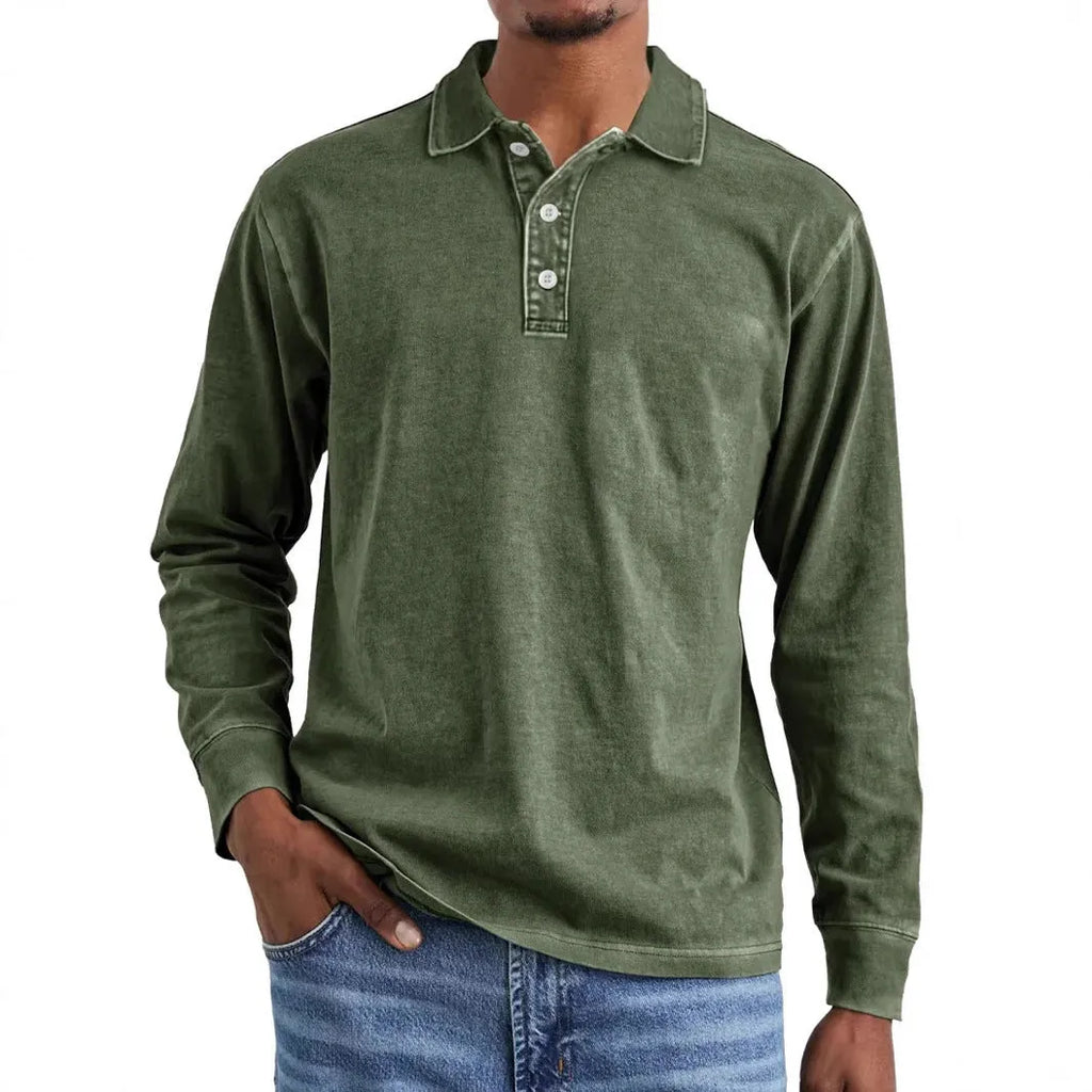 Men's retro washed distressed cotton lapel long sleeve polo shirt shown in army green.