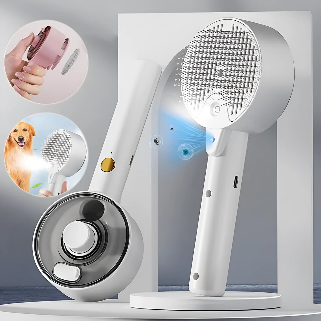 Ceramic White pet grooming brush with UVC light and spray mist function for dogs and cats.