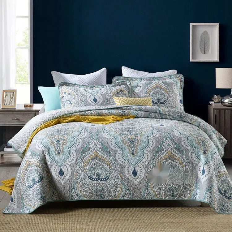 Cotton quilted bed cover three-piece set with printed pattern for 1.5-1.8 metre beds