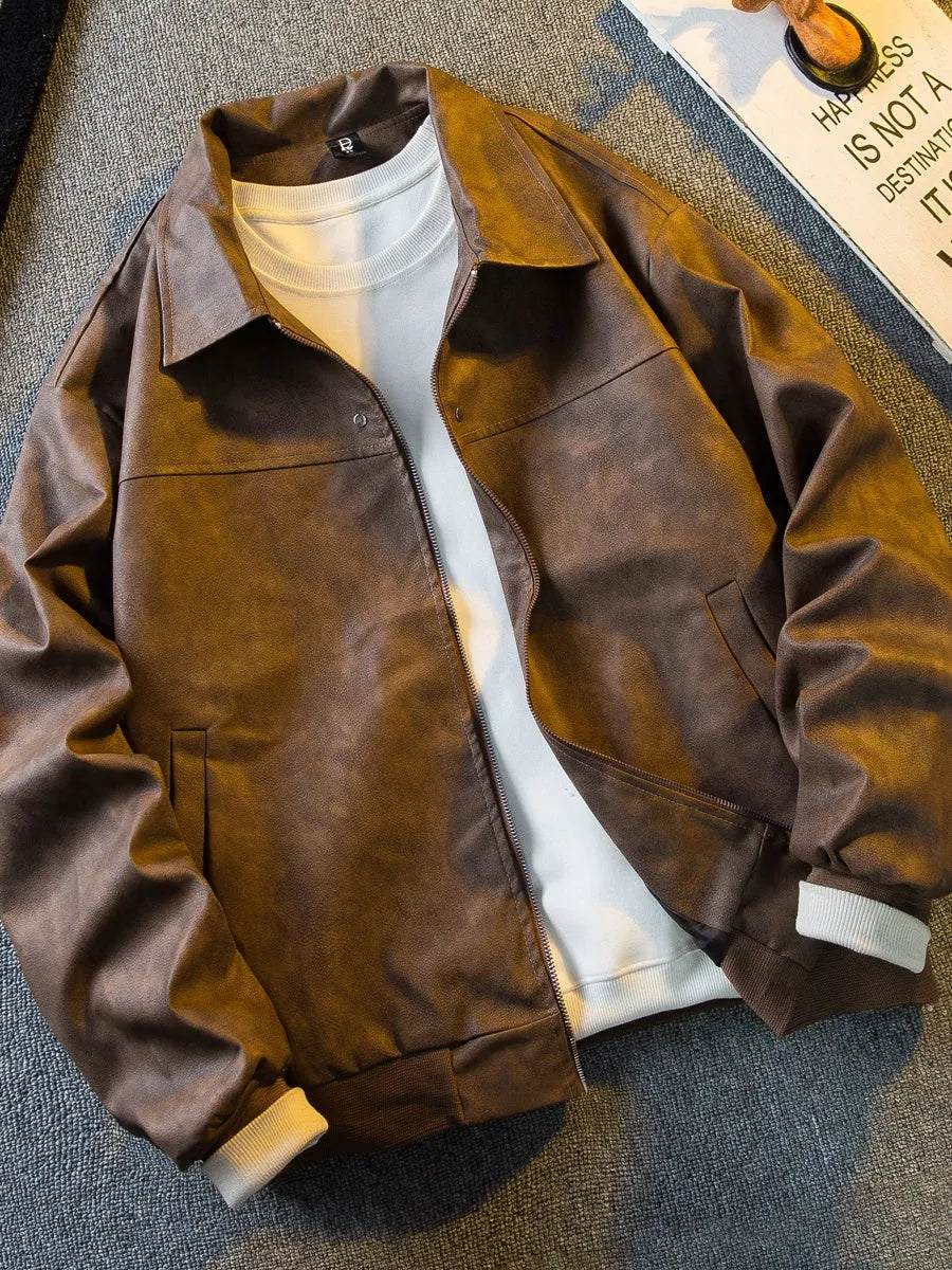 Brown suede vintage short leather jacket for men with lapel collar and zip front