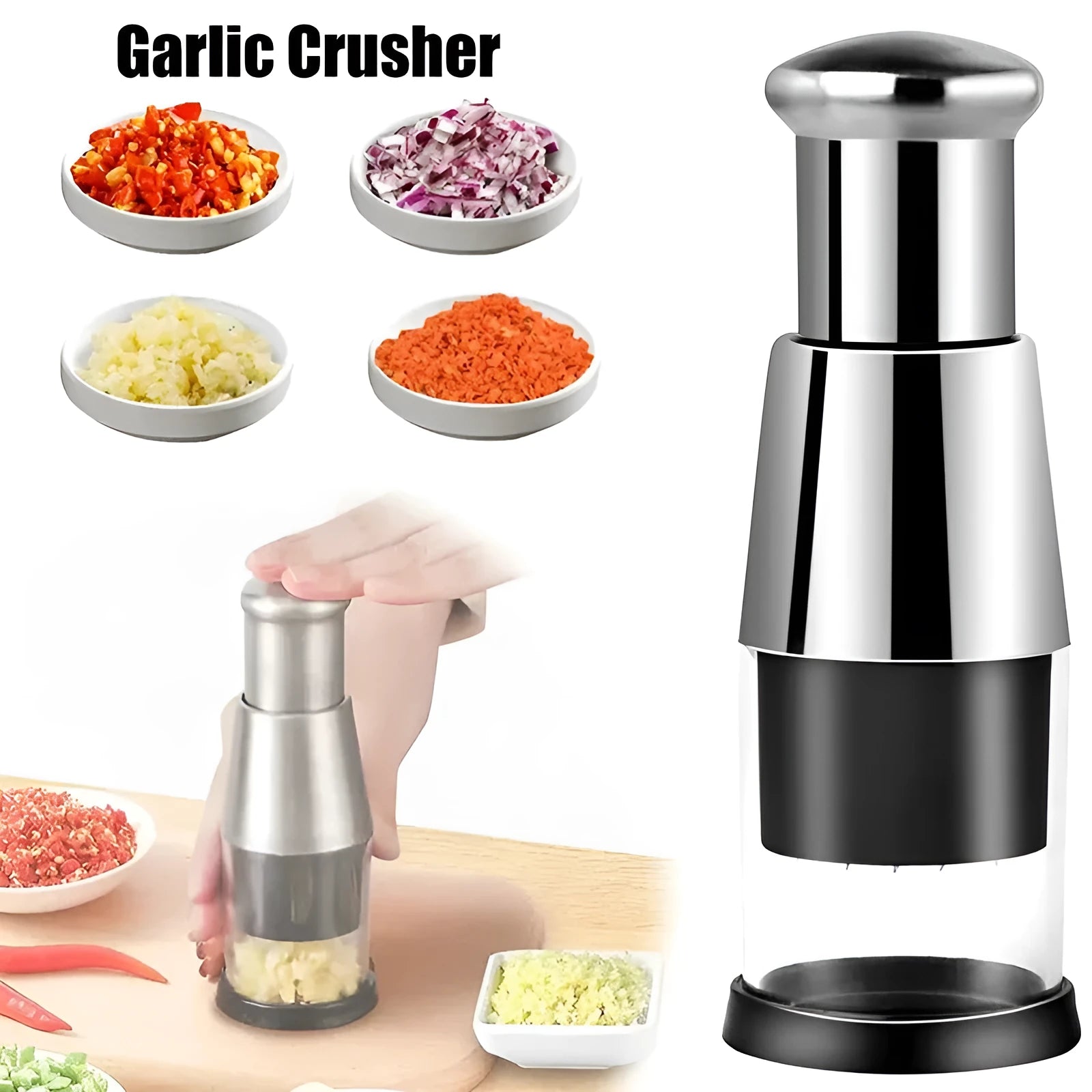 Black manual garlic crusher onion chopper with stainless steel blades on a kitchen counter